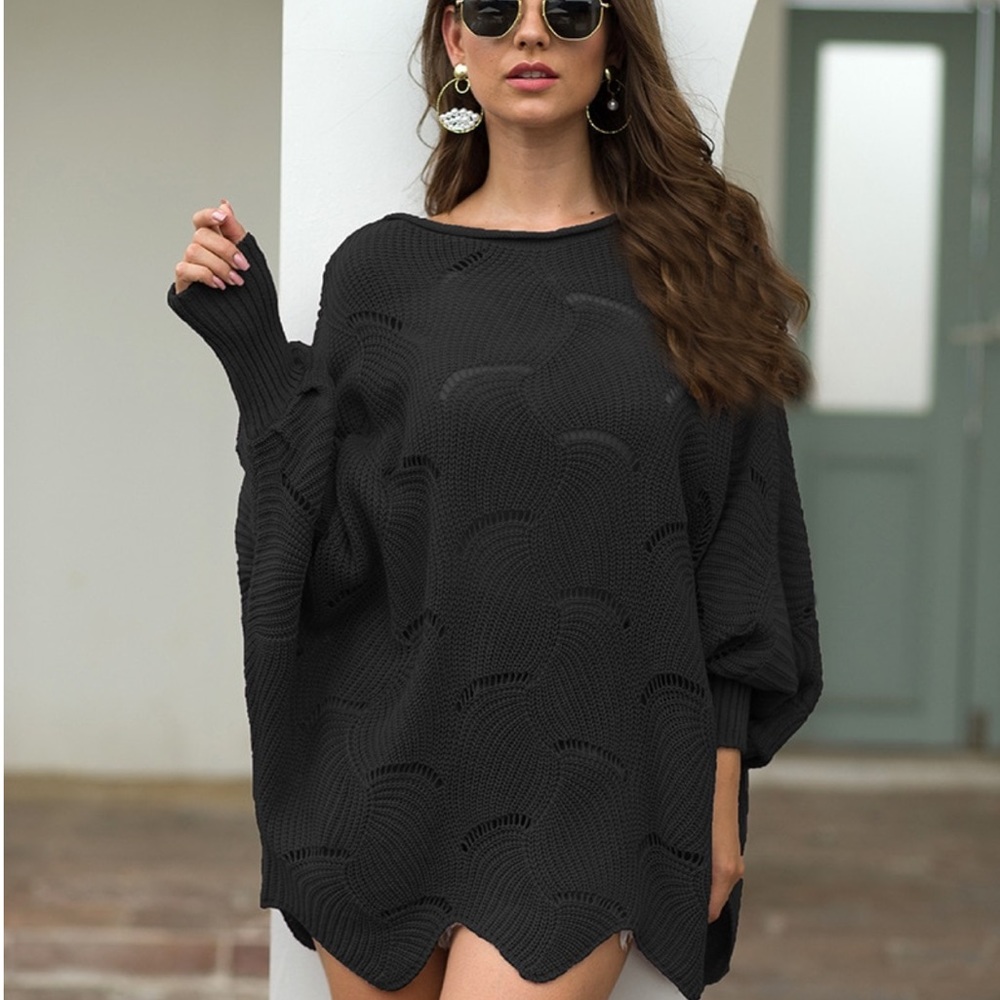 NEW Black Oversized Scalloped Crochet Knit Sweater